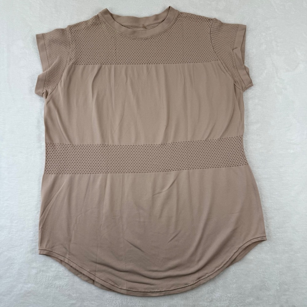 Varley‎ Mesh Panel Short Sleeve Training Top Taupe Mauve Size M Cap Sleeve